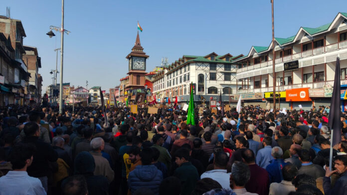 People protest against the alleged killing of Iranian Supreme Leader Ayatollah Ali Khamenei in a reported US-Israel strike, in Srinagar. (Pic | Shakeel/Excelsior)