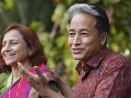 Climate activist Sonam Wangchuk with spouse Gitanjali J Angmo during a press conference, in New Delhi.