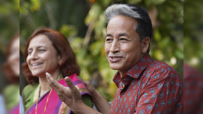 Climate activist Sonam Wangchuk with spouse Gitanjali J Angmo during a press conference, in New Delhi.