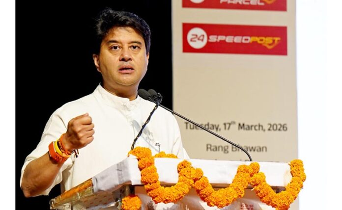 Union Minister of Communications Jyotiraditya M Scindia addressing at the launch of ‘24 Speed Post’ in New Delhi on Tuesday. (UNI)