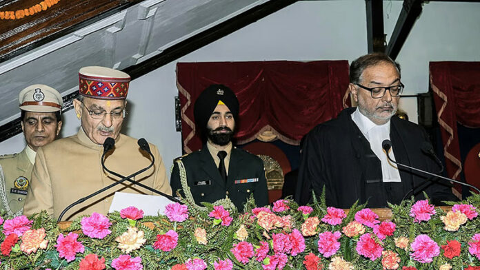 Chief Justice of Himachal Pradesh High Court, Justice Gurmeet Singh Sandhawalia administers the oath to Kavinder Gupta at Lok Bhawan in Shimla on Tuesday. Chief Justice of Himachal Pradesh High Court, Justice Gurmeet Singh Sandhawalia administers the oath to Kavinder Gupta at Lok Bhawan in Shimla on Tuesday.