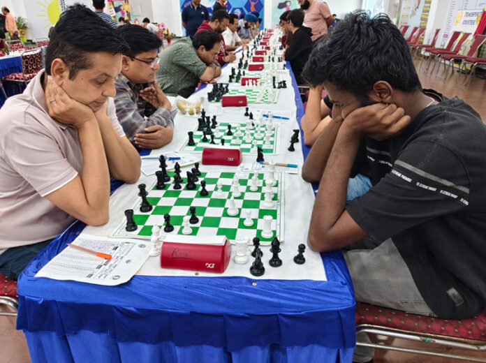 Players in action during the ongoing International Rating Chess Fiesta at IDPS, Jammu.