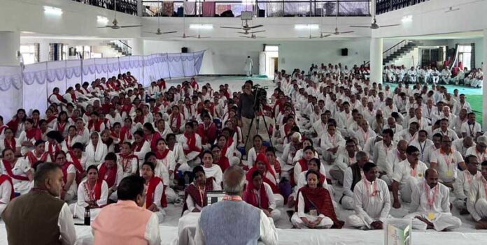 A large number of yoga practitioners (sadhaks) from different states participate in a three-day national yoga camp in Jammu on Friday.