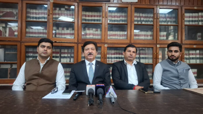 President of J&K High Court Bar Association Jammu, K Nirmal Kotwal and other office bearers during a press conference.