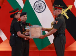 Northern Army Commander presenting an award at an investiture ceremony held at Udhampur on Saturday.