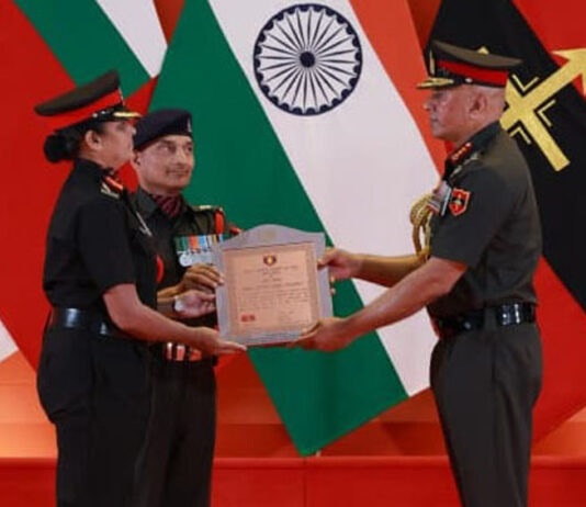 Northern Army Commander presenting an award at an investiture ceremony held at Udhampur on Saturday.