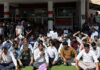 Health and Medical Education employees protesting outside Government Medical College in Jammu on Wednesday. -Excelsior/Rakesh