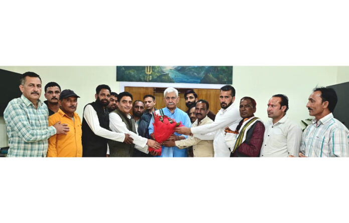 A delegation of Pithoo & Pony Labour Union, Shri Mata Vaishno Devi, Katra meeting Lieutenant Governor on Monday.