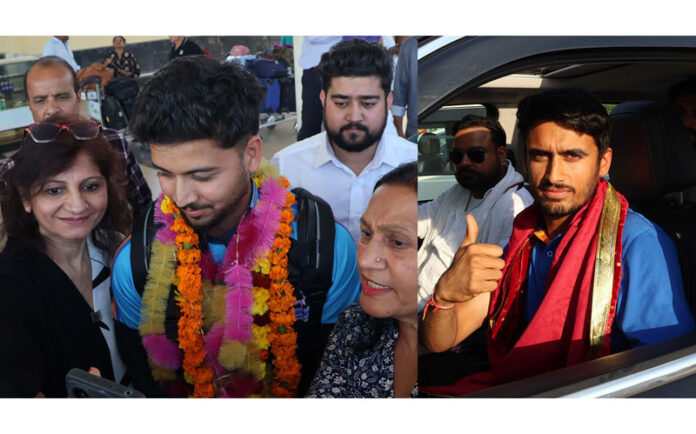 J&K Ranji team players receiving a grand reception on their arrival at Jammu Airport, warmly welcomed by family members and supporters. -Excelsior/Rakesh J&K Ranji team players receiving a grand reception on their arrival at Jammu Airport, warmly welcomed by family members and supporters. -Excelsior/Rakesh