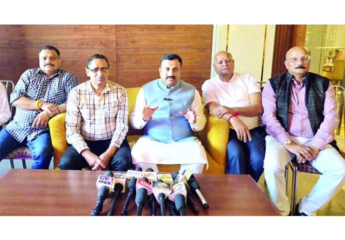 Mahant Rohit Shastri addressing a press conference at Jammu on Friday.