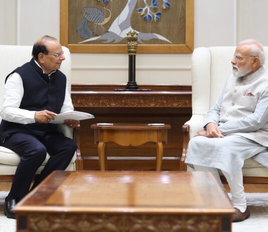 LG Ladakh V K Saxena in a meeting with PM Narendra Modi in New Delhi on Friday.