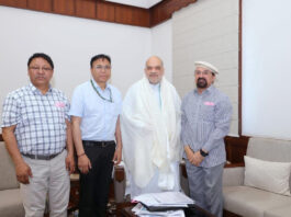CEC Dr Jaffer Akhoon and Ladakh MP Haneefa Jan in a meeting with Union Home Minister Amit Shah in New Delhi on Thursday.