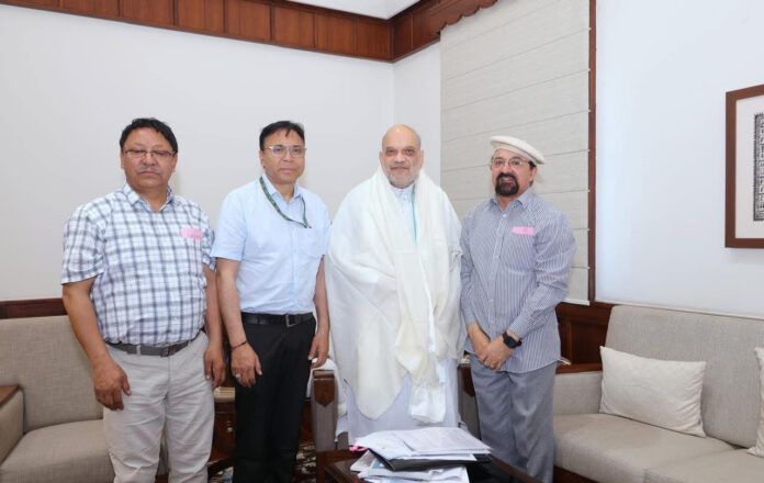 amit CEC Dr Jaffer Akhoon and Ladakh MP Haneefa Jan in a meeting with Union Home Minister Amit Shah in New Delhi on Thursday.
