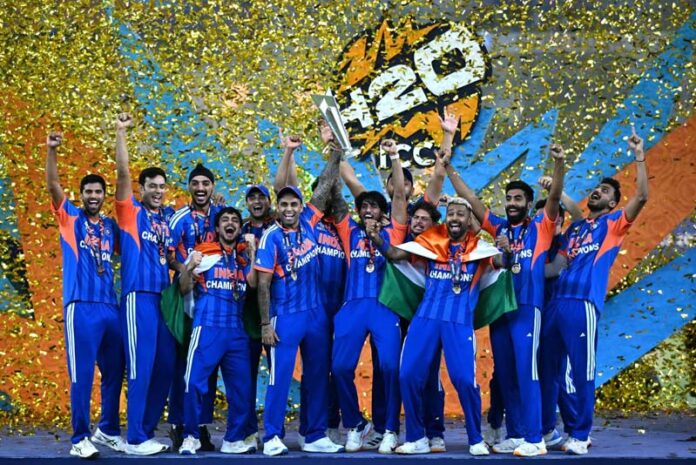 Team India celebrating with trophy after defeating New Zealand in T20 World Cup final in Ahmedabad on Sunday. Team India celebrating with trophy after defeating New Zealand in T20 World Cup final in Ahmedabad on Sunday.