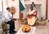 LG Ladakh VK Saxena during a meeting with President Droupadi Murmu in New Delhi on Saturday.