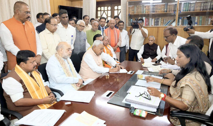 Bihar Chief Minister Nitish Kumar files nomination papers for the upcoming Rajya Sabha Elections in the presence of Union Home Affairs Minister Amit Shah, in Patna on Thursday.(UNI)