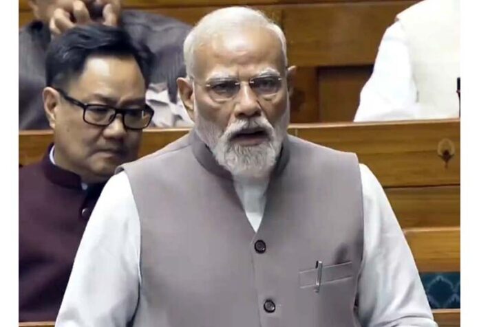 PM Narendra Modi speaking in Lok Sabha on Monday.