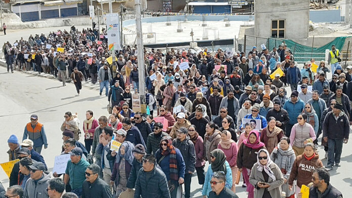 Massive protest rally in Leh on Monday.