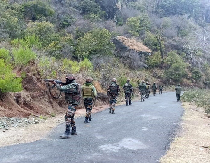 Security personnel conducting searches in parts of Rajouri on Wednesday. -Excelsior/Imran