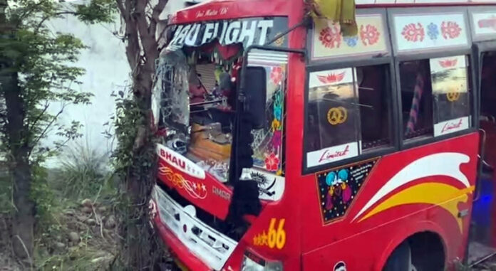 The ill-fated bus that met with an accident at Kot Garhi area of Akhnoor on Monday. The ill-fated bus that met with an accident at Kot Garhi area of Akhnoor on Monday.