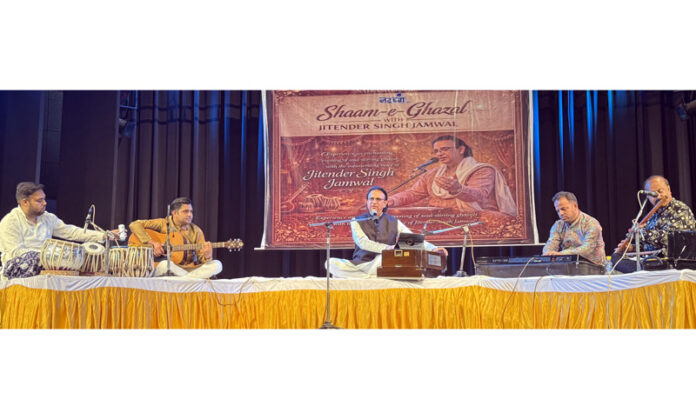 Noted Dogri singer Jitender Singh Jamwal performing at Abhinav Theatre in Jammu on Monday.