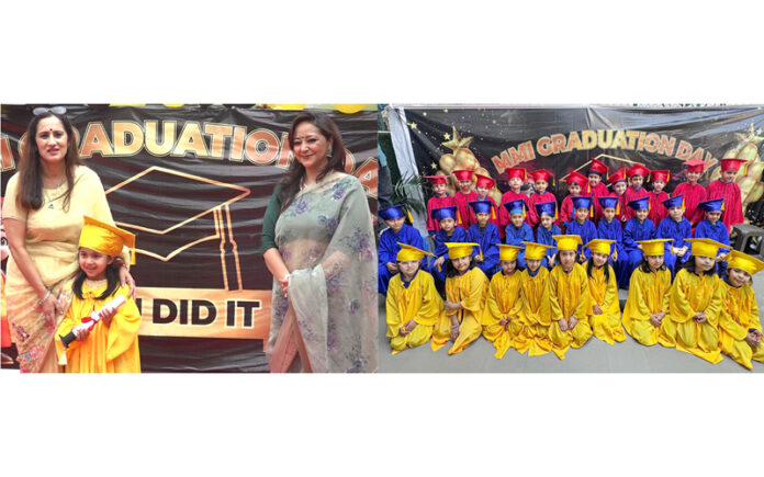 Director Sapna Rohmetra (L) presenting a graduation certificate to a student, while other students (R) posing for a group photograph during a programme at Modern Montessori International School, Jammu.