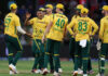South Africa players celebrating after victory against New Zealand at Mount Maunganui on Sunday.