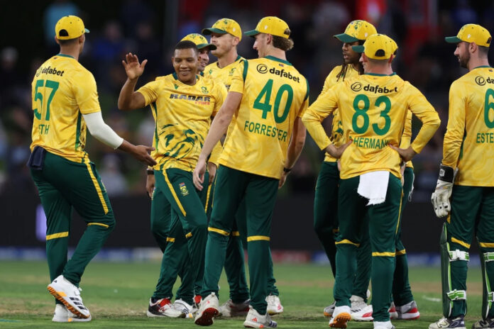 South Africa players celebrating after victory against New Zealand at Mount Maunganui on Sunday.