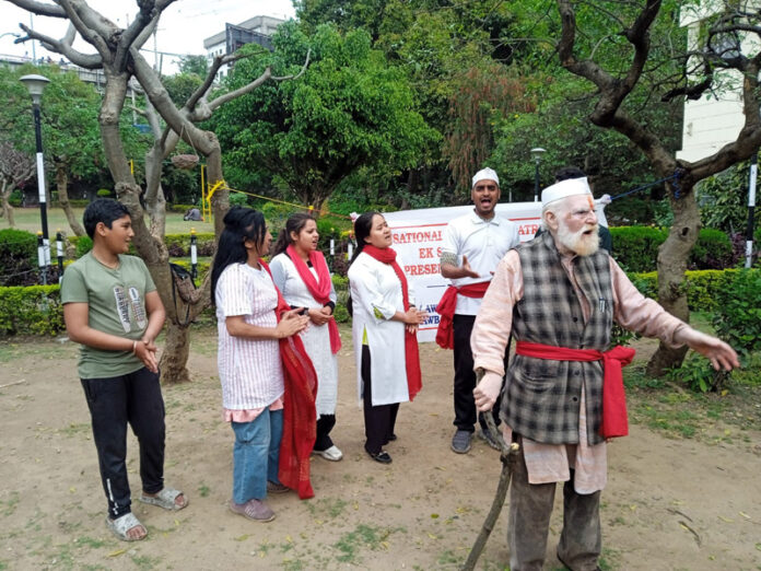 ESR artists performing during 508th Nukad at KC Morh Jammu on Monday.