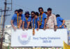 J&K Ranji team rides an open bus during victory march in Jammu on Sunday. -Excelsior/Rakesh