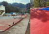 A newly constructed synthetic volleyball court at Government Higher Secondary School, Dhar Dugnoo in poor condition (L), compared with its state at the time of inauguration (R).