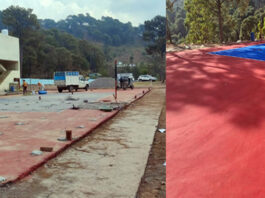 A newly constructed synthetic volleyball court at Government Higher Secondary School, Dhar Dugnoo in poor condition (L), compared with its state at the time of inauguration (R).