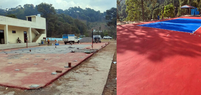 A newly constructed synthetic volleyball court at Government Higher Secondary School, Dhar Dugnoo in poor condition (L), compared with its state at the time of inauguration (R).