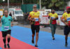 Ace runner and actor Milind Soman running during the Jammu Marathon on Sunday.