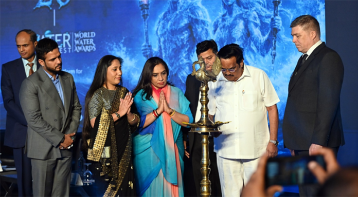 Dignitaries lighting traditional lamp to start Water Digest World Water Awards ceremony in New Delhi on Tuesday.