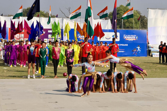 Gymnasts performing during opening ceremony of 2nd All India Police Kabaddi Cluster 2025-26 at MA Stadium, Jammu. Gymnasts performing during opening ceremony of 2nd All India Police Kabaddi Cluster 2025-26 at MA Stadium, Jammu.