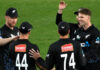 New Zealand players celebrating after defeating South Africa in 3rd T20I in Auckland.