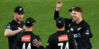New Zealand players celebrating after defeating South Africa in 3rd T20I in Auckland.