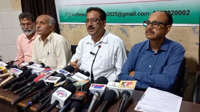 Representatives of Victims of Terrorism Front at a press conference at Jammu on Tuesday.