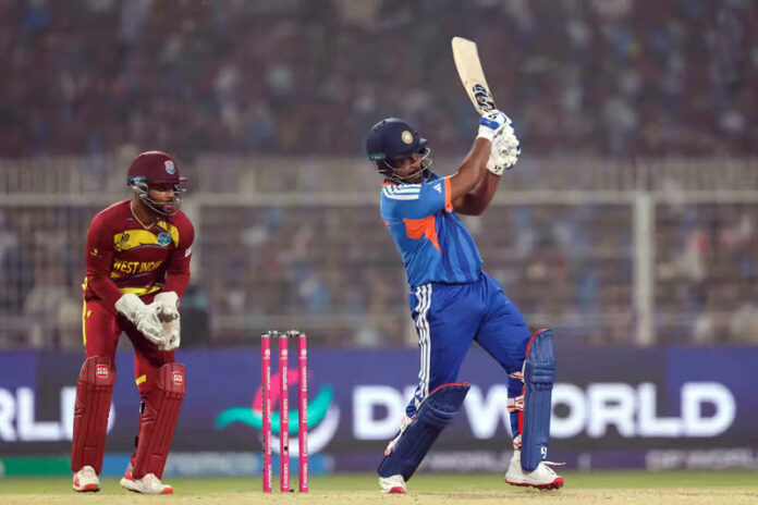 Sanju Samson playing a shot during his unbeaten 97 runs against West Indies at Kolkata on Sunday. Sanju Samson playing a shot during his unbeaten 97 runs against West Indies at Kolkata on Sunday.