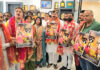Ravinder Raina, former BJP state president along with others releasing a devotional track in Jammu.