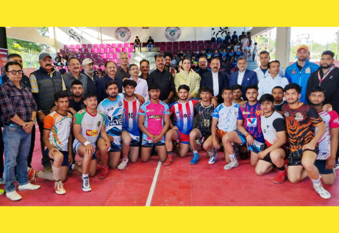 Dignitaries posing with Kabaddi players during inaugural event at MA Stadium, Jammu. Dignitaries posing with Kabaddi players during inaugural event at MA Stadium, Jammu.