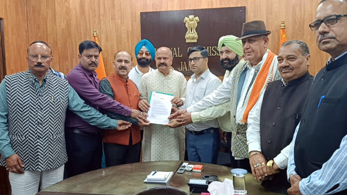 BJP leaders submitting memorandum at Divisional Commissioners office at Jammu on Wednesday.