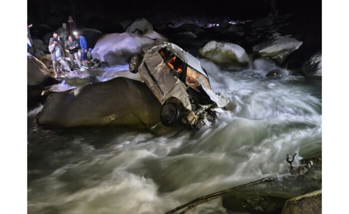 Remains of a car that plunged into a rivulet in Bhaderwah on Tuesday. —Excelsior/Tilak Raj