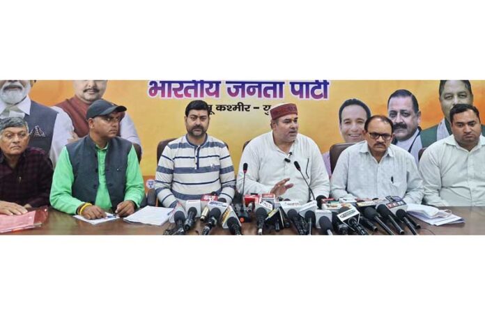 Braham Jyot addressing press conference at BJP headquarters on Monday.