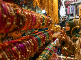 Trending 'Kashmiri Choodiyan' on display at a Srinagar market on Friday. -Excelsior/Shakeel