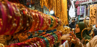 Trending 'Kashmiri Choodiyan' on display at a Srinagar market on Friday. -Excelsior/Shakeel