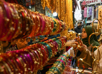 Trending 'Kashmiri Choodiyan' on display at a Srinagar market on Friday. -Excelsior/Shakeel