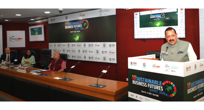 Union Minister Dr Jitendra Singh delivering keynote address at  the ‘Sustainable Business Futures Summit 2026’, organised by FICCI at New Delhi  on Tuesday.