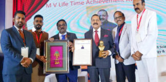 Union Minister Dr Jitendra Singh being conferred "Lifetime Achievement Award" during National Medical Meet at Chennai on Friday.
